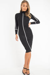 Black Contrast Stripe Detail High Neck Midi Dress - Niana-Dresses