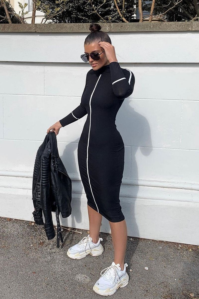 Black Contrast Stripe Detail High Neck Midi Dress - Niana-Dresses
