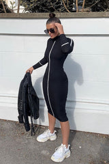 Black Contrast Stripe Detail High Neck Midi Dress - Niana-Dresses