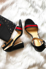 Black Contrast Stripe PU Block Heels - Jackelin-Heels