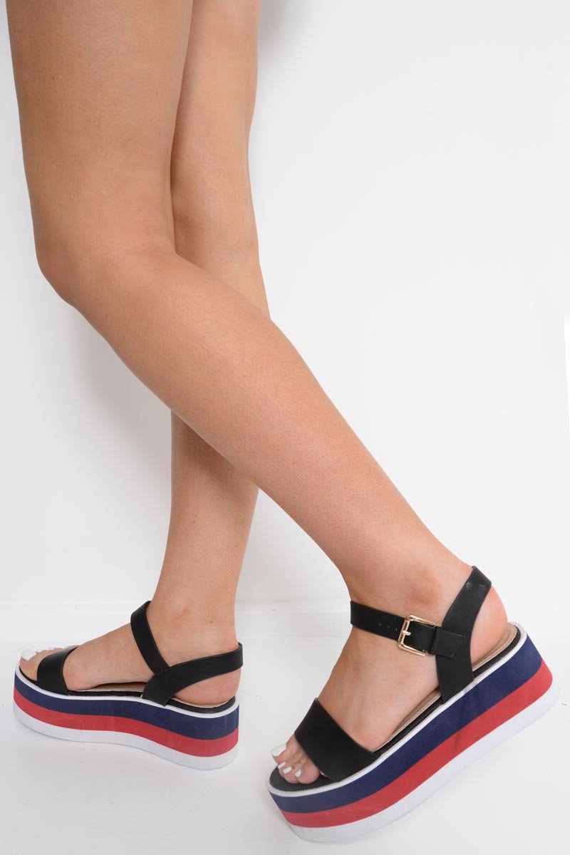 Black Contrast Stripe Sole Platform Sandals - Nataliyah-Sandals