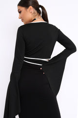 Black Contrast Trim Tie Front Crop Top - Jaxy-Crop Tops
