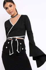 Black Contrast Trim Tie Front Crop Top - Jaxy-Crop Tops