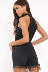 Black Contrast Zip Front Bodysuit - Odine-Bodysuits