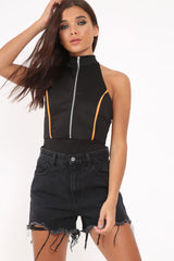 Black Contrast Zip Front Bodysuit - Odine-Bodysuits