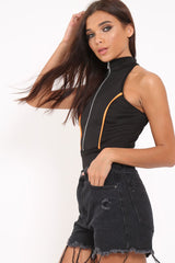 Black Contrast Zip Front Bodysuit - Odine-Bodysuits
