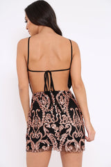 Black Copper Sequin Halter Neck Mini Dress - Emily-Dresses