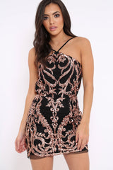 Black Copper Sequin Halter Neck Mini Dress - Emily-Dresses