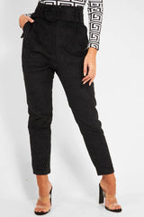 Black Corduroy Belted Tapered Trousers - Janelle-Trousers