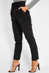 Black Corduroy Belted Tapered Trousers - Janelle-Trousers