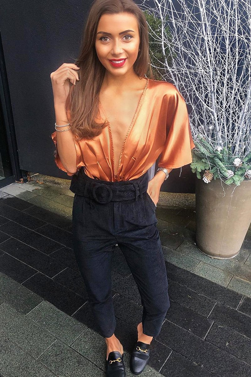 Black Corduroy Belted Tapered Trousers - Janelle-Trousers