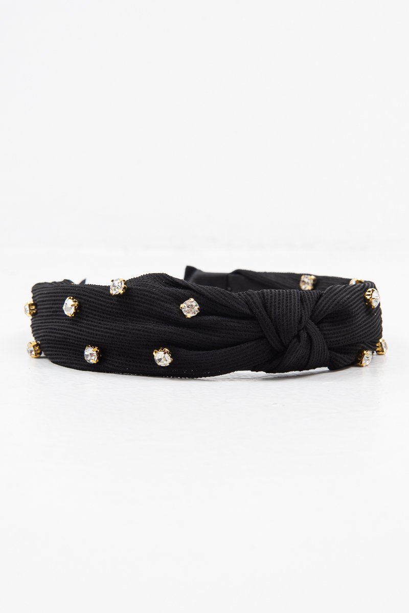 Black Corduroy Knot Detail Embellished Hairband - Teigen-Hair