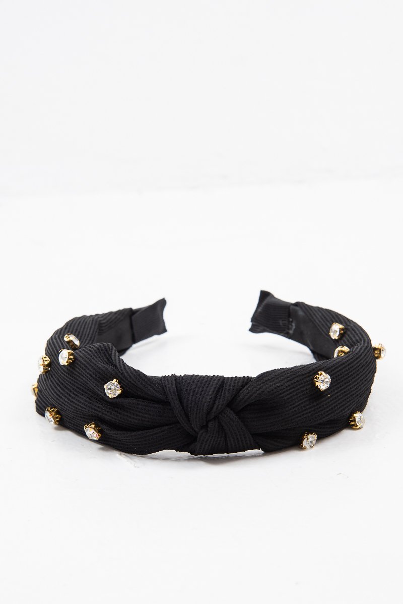 Black Corduroy Knot Detail Embellished Hairband - Teigen-Hair