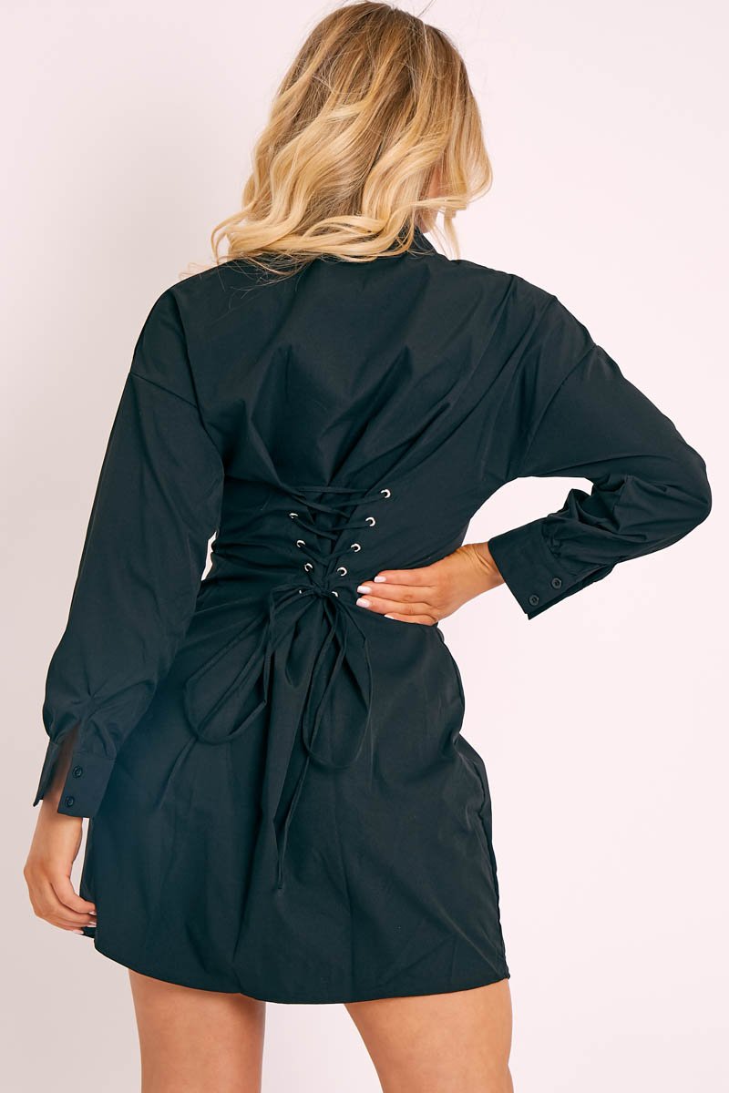 black corset shirt dress boohoo Women's Plus Corset Detail Shirt Dress in Black