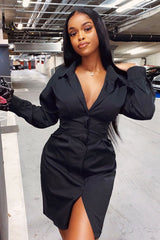 Black Corset Back Tailored Shirt Dress - Damoni-Dresses