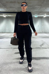 Black Corset Crop Top Joggers Co-ord - Daisy-Co-ords