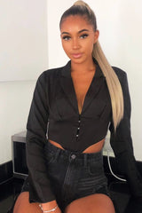 Black Corset Detail Plunge Blouse - Poppy-Blouse