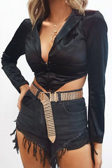 Black Corset Detail Plunge Blouse - Poppy-Blouse