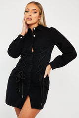 Black Corset Lace Front Denim Mini Dress - Galya-Dresses