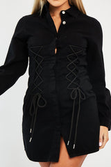Black Corset Lace Front Denim Mini Dress - Galya-Dresses