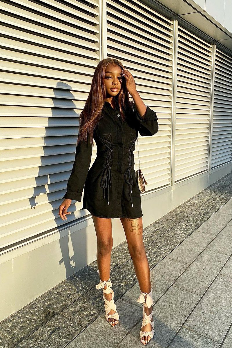 Black Corset Lace Front Denim Mini Dress - Galya-Dresses