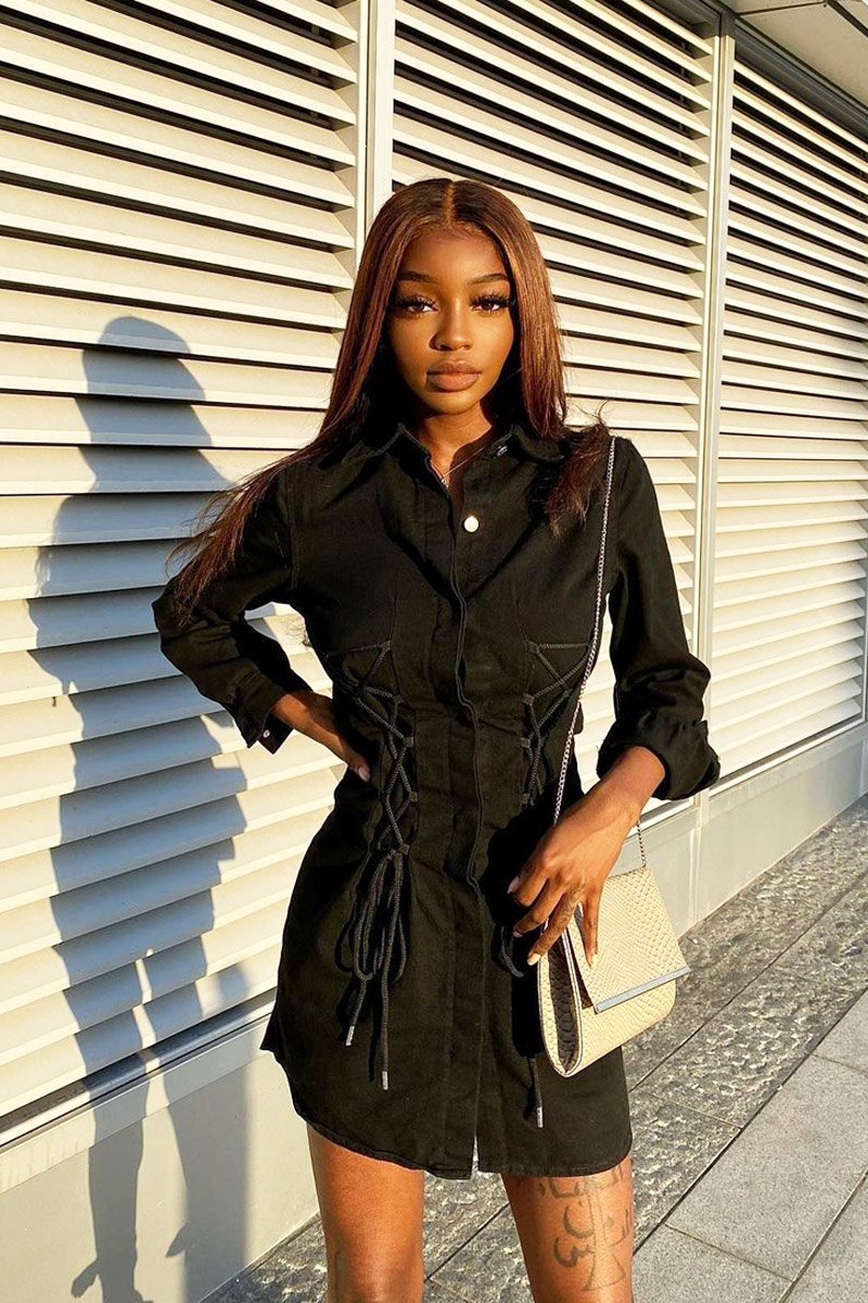 Black Corset Lace Front Denim Mini Dress - Galya-Dresses