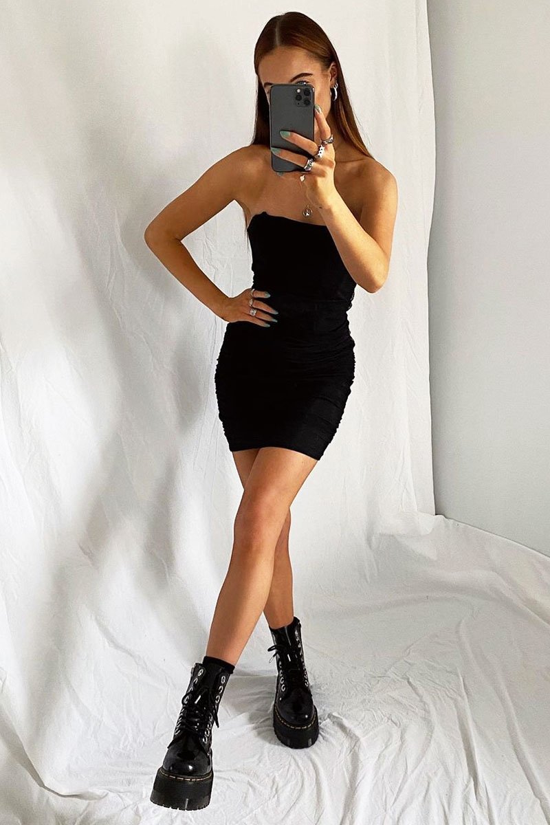 Black Corset Mesh Overlay Mini Dress - Nakai-Dresses