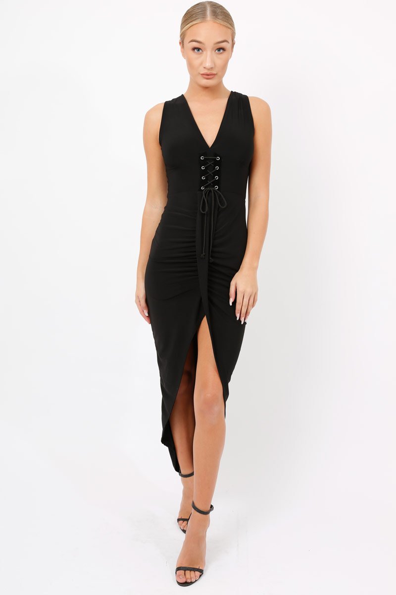 Black Corset Slit Maxi Dress - Alexus-Dresses