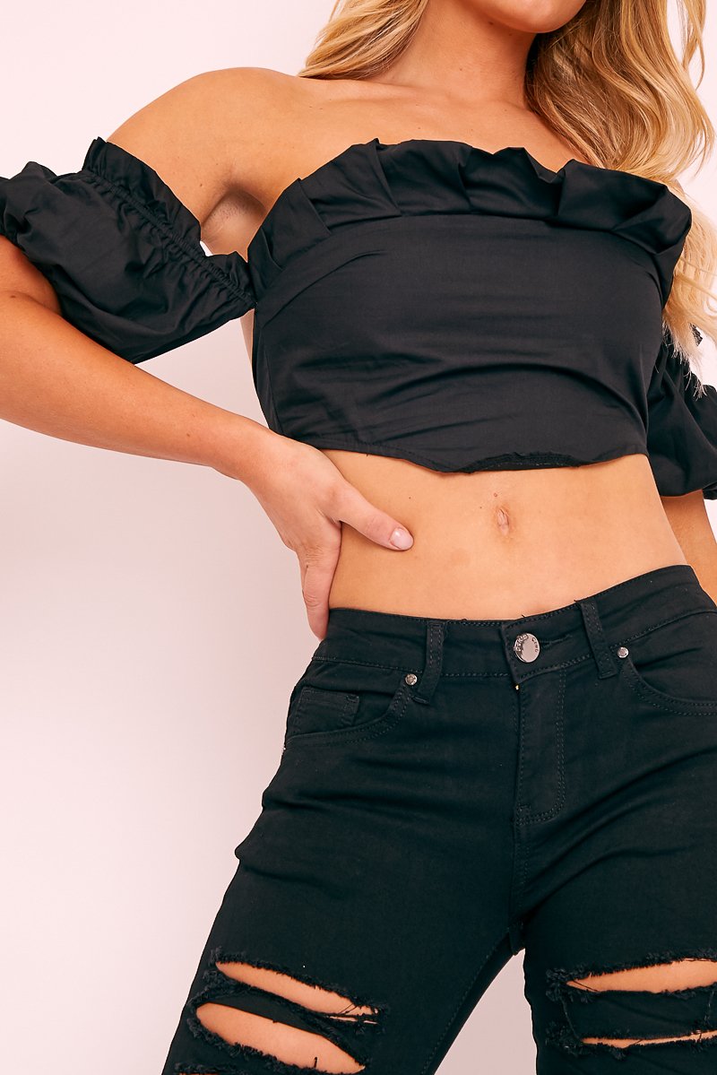 Black Cotton Pleated Bandeau Crop Top - Galaxy-Crop Tops