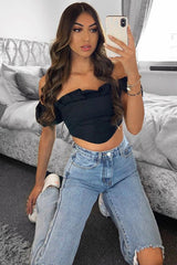 Black Cotton Pleated Bandeau Crop Top - Galaxy-Crop Tops