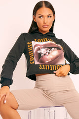 Black Couture Graphic Cropped Hoodie - Camia-Hoodies