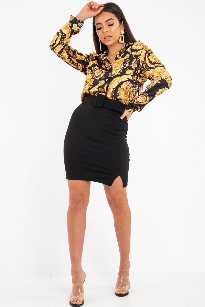 Black Crepe Belted Bodycon Mini Skirt - Raven-Skirts