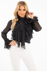 Black Crepe Ruffle High Neck Shirt - Honey-Shirts