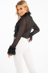 Black Crepe Ruffle High Neck Shirt - Honey-Shirts