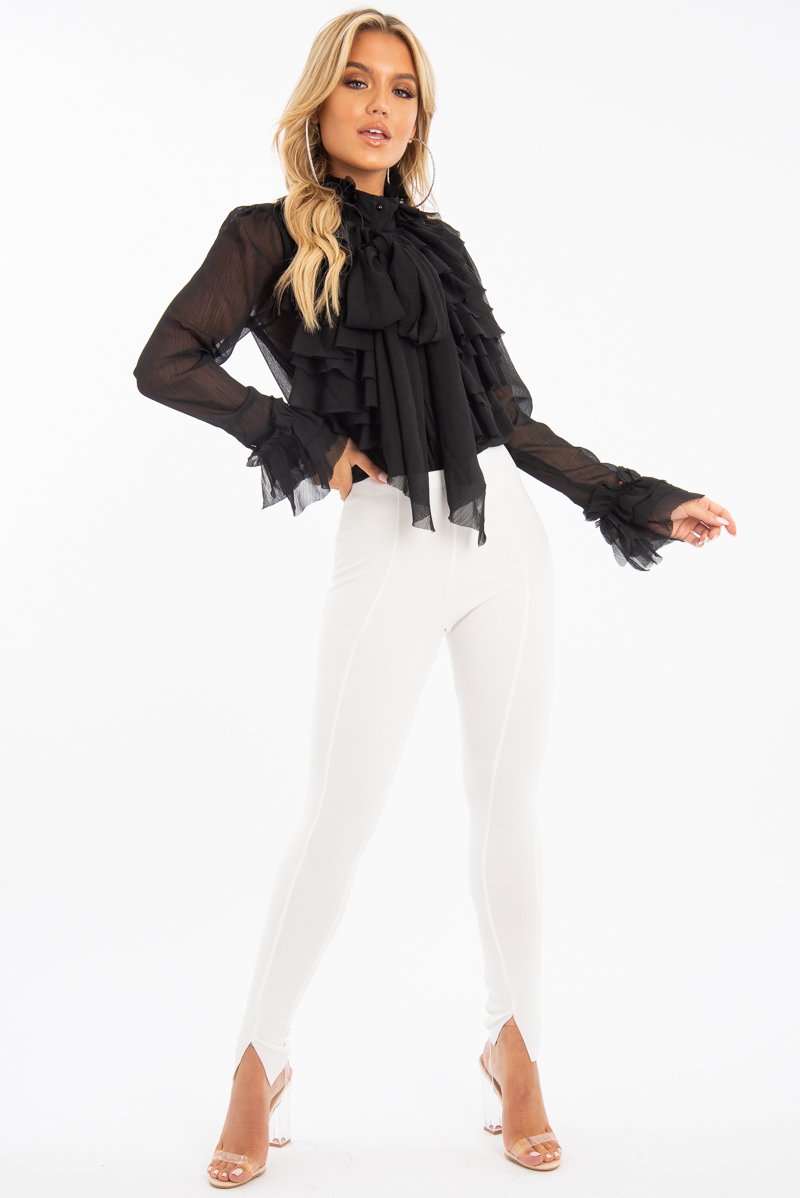 Black Crepe Ruffle High Neck Shirt - Honey-Shirts