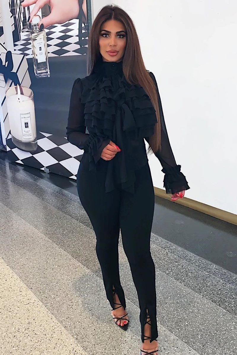 Black Crepe Ruffle High Neck Shirt - Honey-Shirts