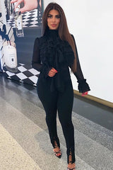 Black Crepe Ruffle High Neck Shirt - Honey-Shirts
