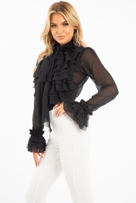 Black Crepe Ruffle High Neck Shirt - Honey