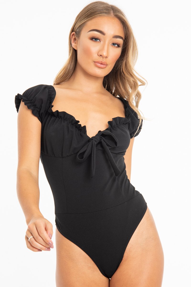 Black Crepe Ruffle Tie Front Bardot Bodysuit - Trixie-Bodysuits