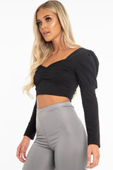 Black Crepe Sweetheart Puff Sleeve Crop Top - Porsha-Crop Tops
