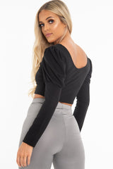 Black Crepe Sweetheart Puff Sleeve Crop Top - Porsha-Crop Tops