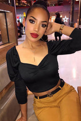 Black Crepe Sweetheart Puff Sleeve Crop Top - Porsha-Crop Tops