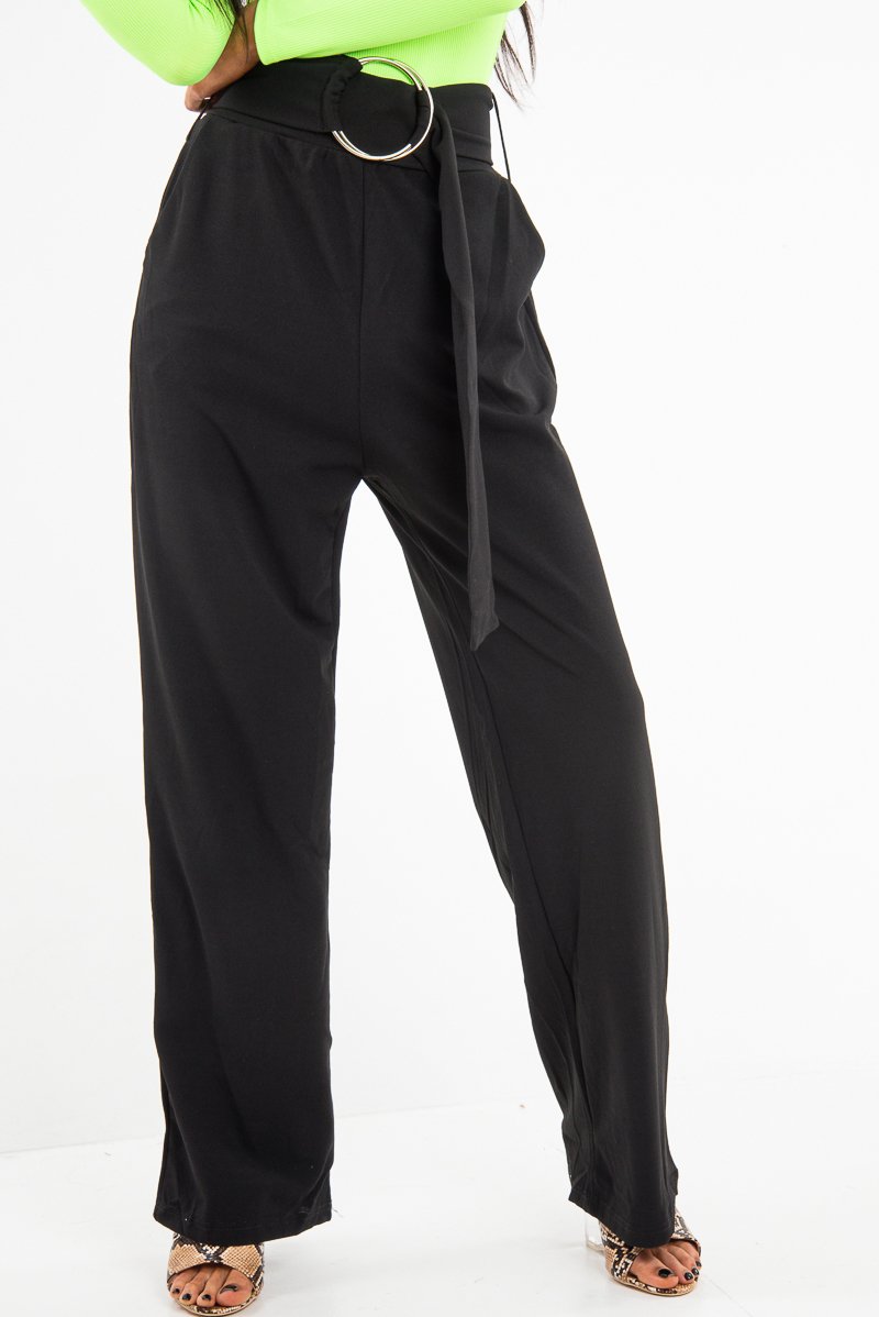 Black Crepe Wide Leg O Ring Belted Trousers - Jaselle-Trousers