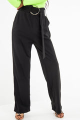 Black Crepe Wide Leg O Ring Belted Trousers - Jaselle-Trousers