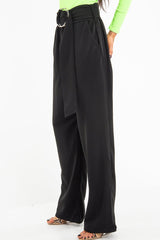 Black Crepe Wide Leg O Ring Belted Trousers - Jaselle-Trousers