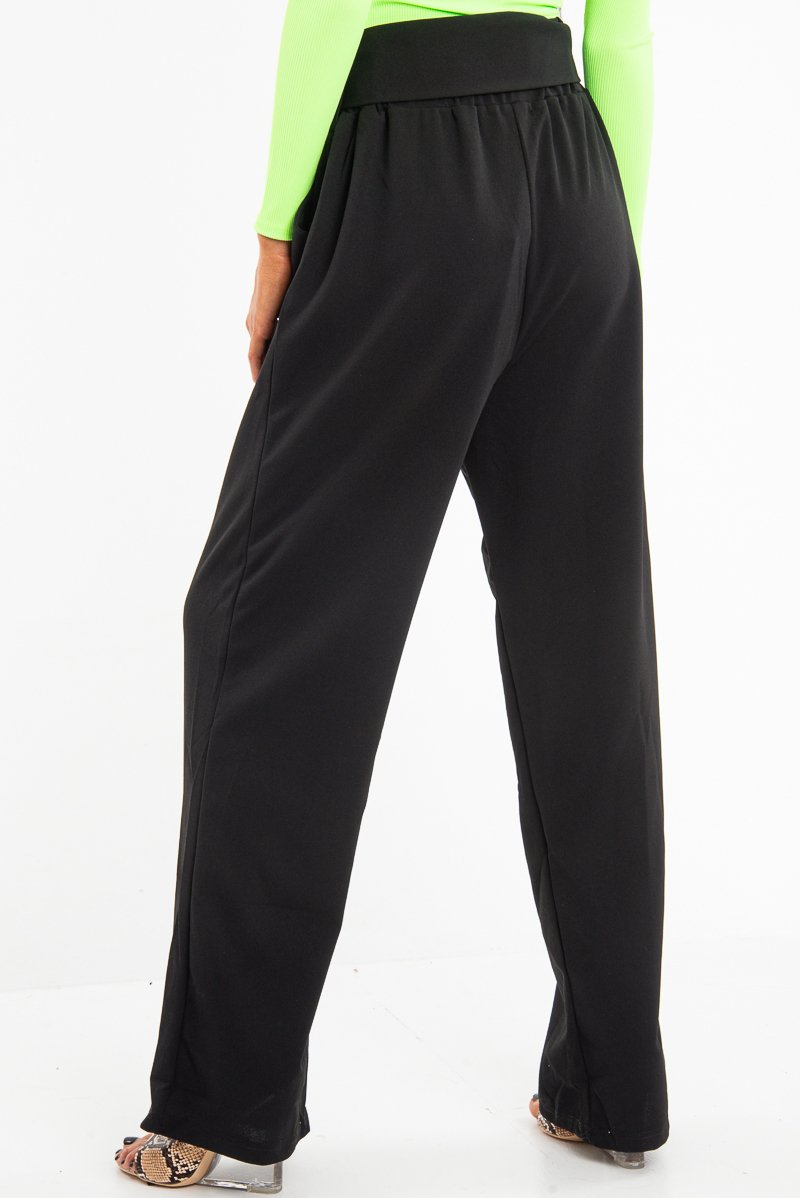 Black Crepe Wide Leg O Ring Belted Trousers - Jaselle-Trousers