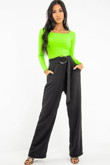 Black Crepe Wide Leg O Ring Belted Trousers - Jaselle-Trousers