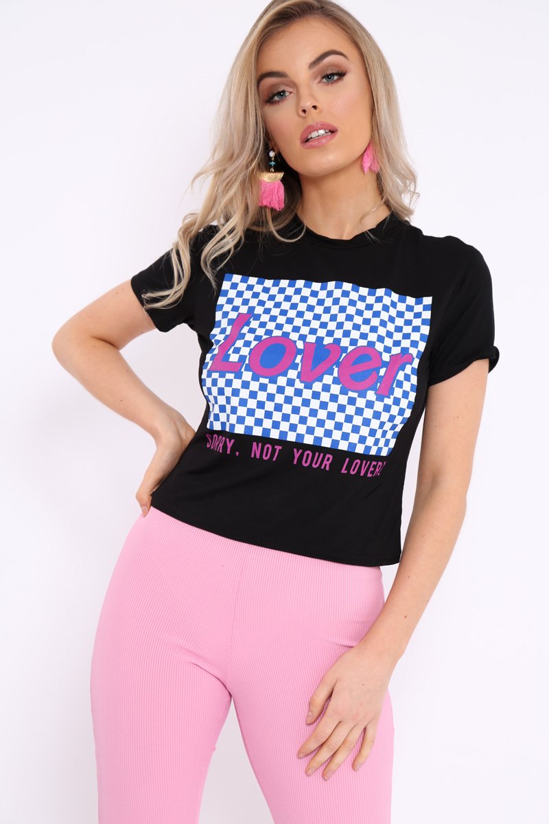 Black Crew Neck Checker Board Lover Slogan T-Shirt - Camrie-Tops