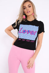 Black Crew Neck Checker Board Lover Slogan T-Shirt - Camrie-Tops