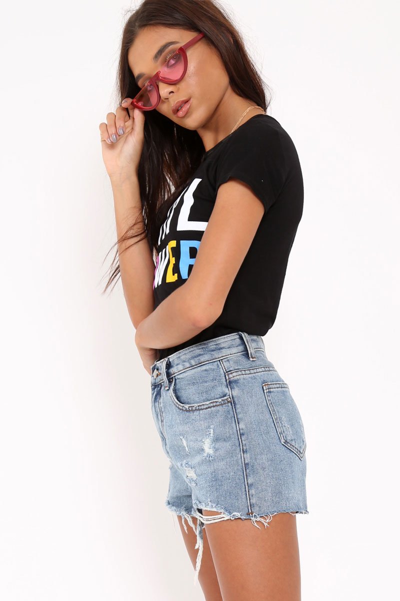 Black Crew Neck Girl Power Colour Slogan T-Shirt - Edyth-Tops